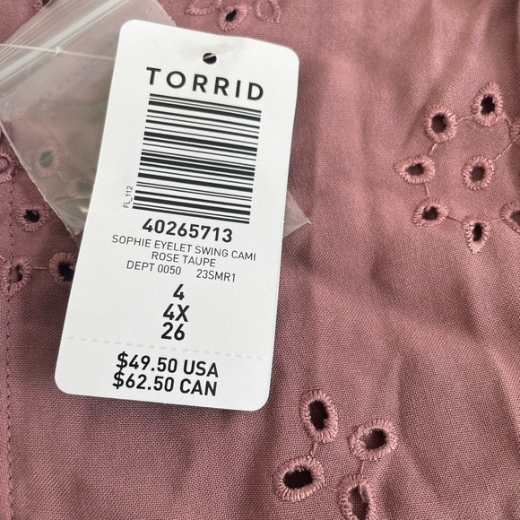 NWT Torrid Sophie Eyelet Swing Cami Size 4 4x 26 Rose Taupe Color. Very pretty! - Picture 8 of 8